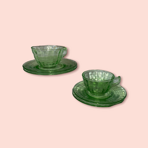 Lime green Depression glass teacup & saucer + dessert plates