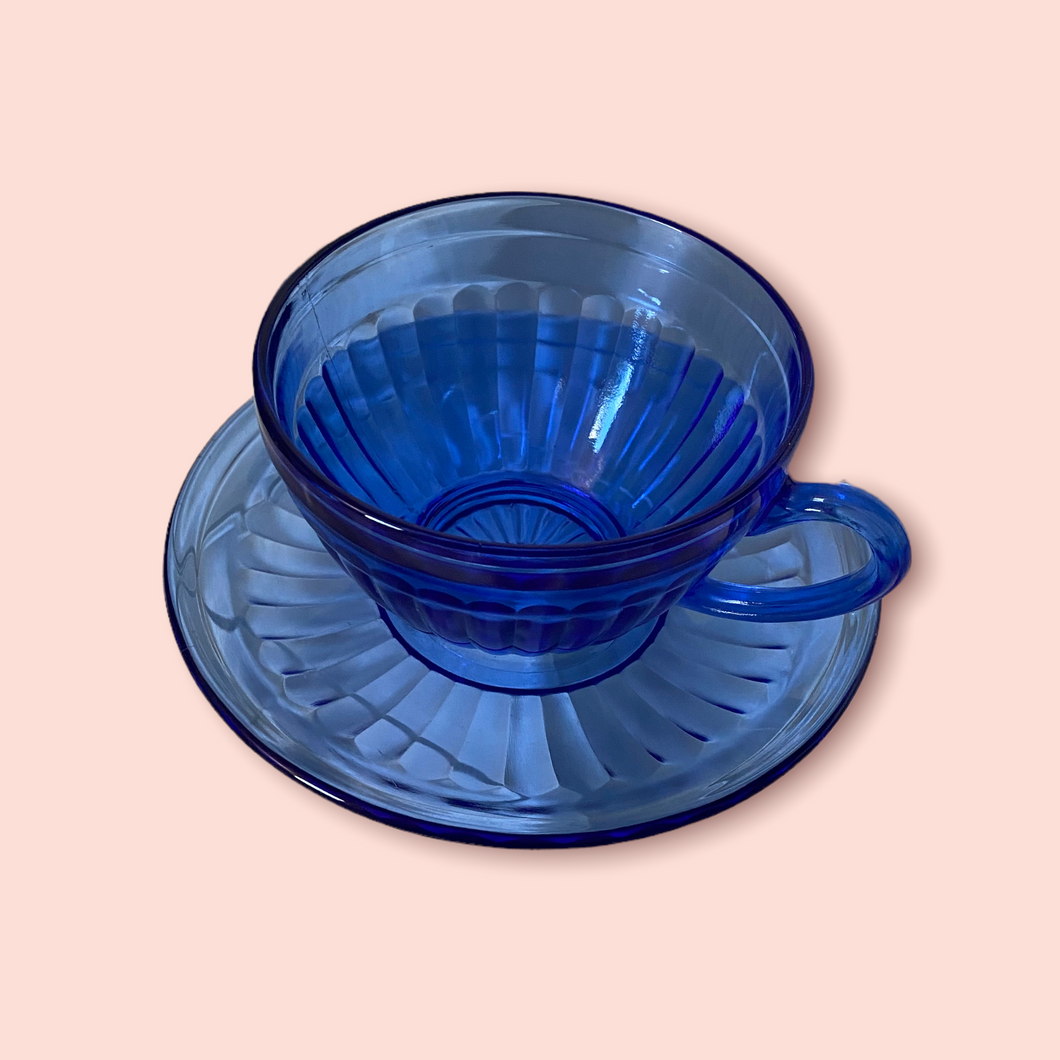Blue depression glass teacup & saucer (single set)