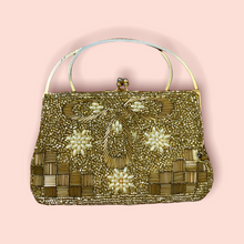 Load image into Gallery viewer, Gold &amp; pearls beaded vintage top handle mini bag
