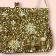 Load image into Gallery viewer, Gold &amp; pearls beaded vintage top handle mini bag
