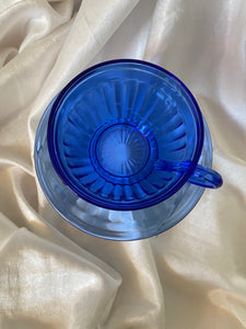 Blue depression glass teacup & saucer (single set)