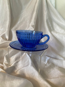 Blue depression glass teacup & saucer (single set)